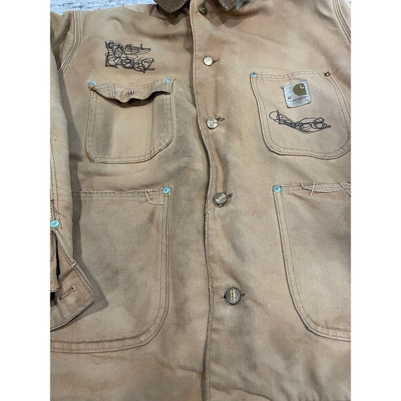 Vintage Carhartt Tan Button Mens 42 Duck Canvas Chore Jacket Blanket Lined USA - Picture 5 of 14